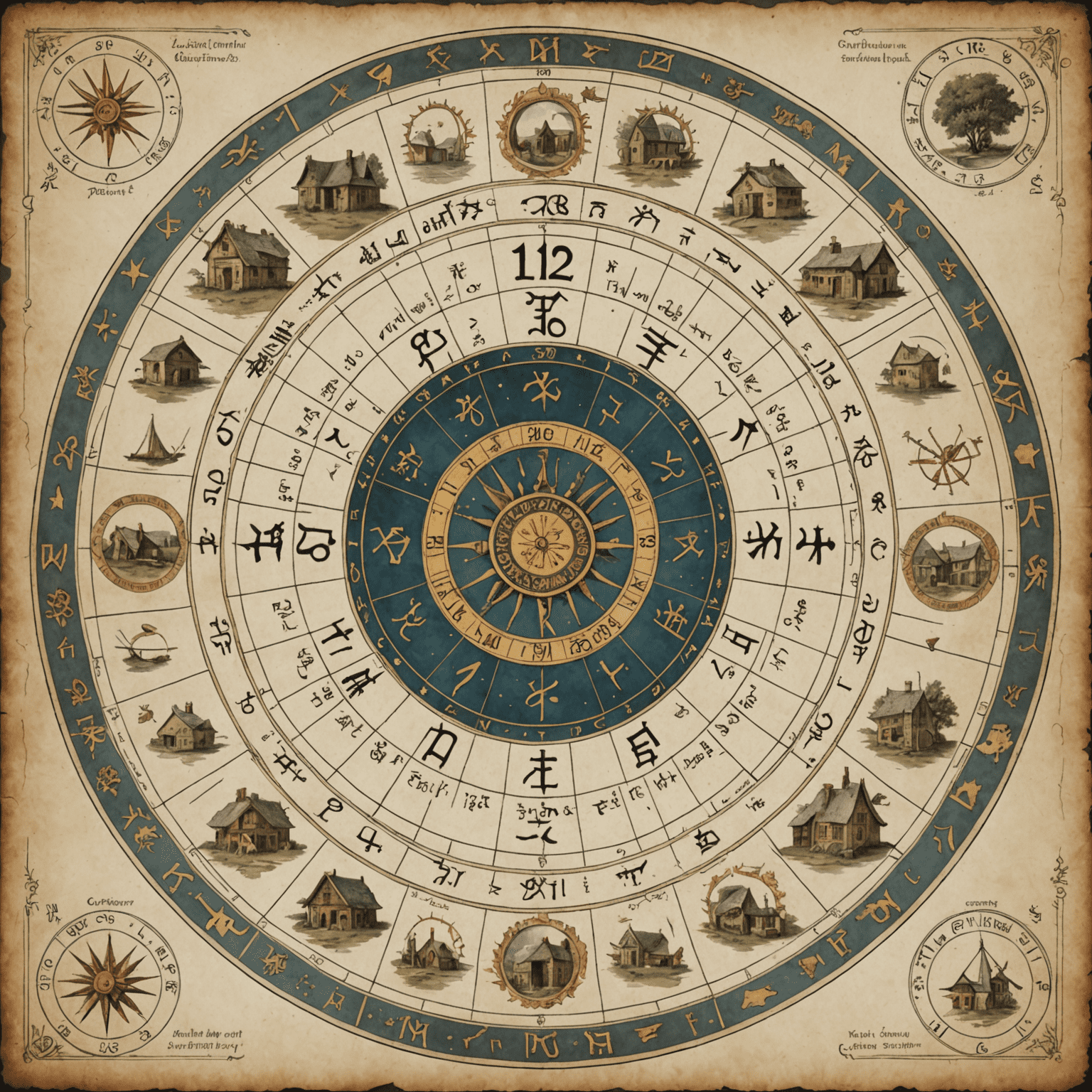 Koło horoskopu podzielone na 12 domów, każdy z unikalnym symbolem i opisem